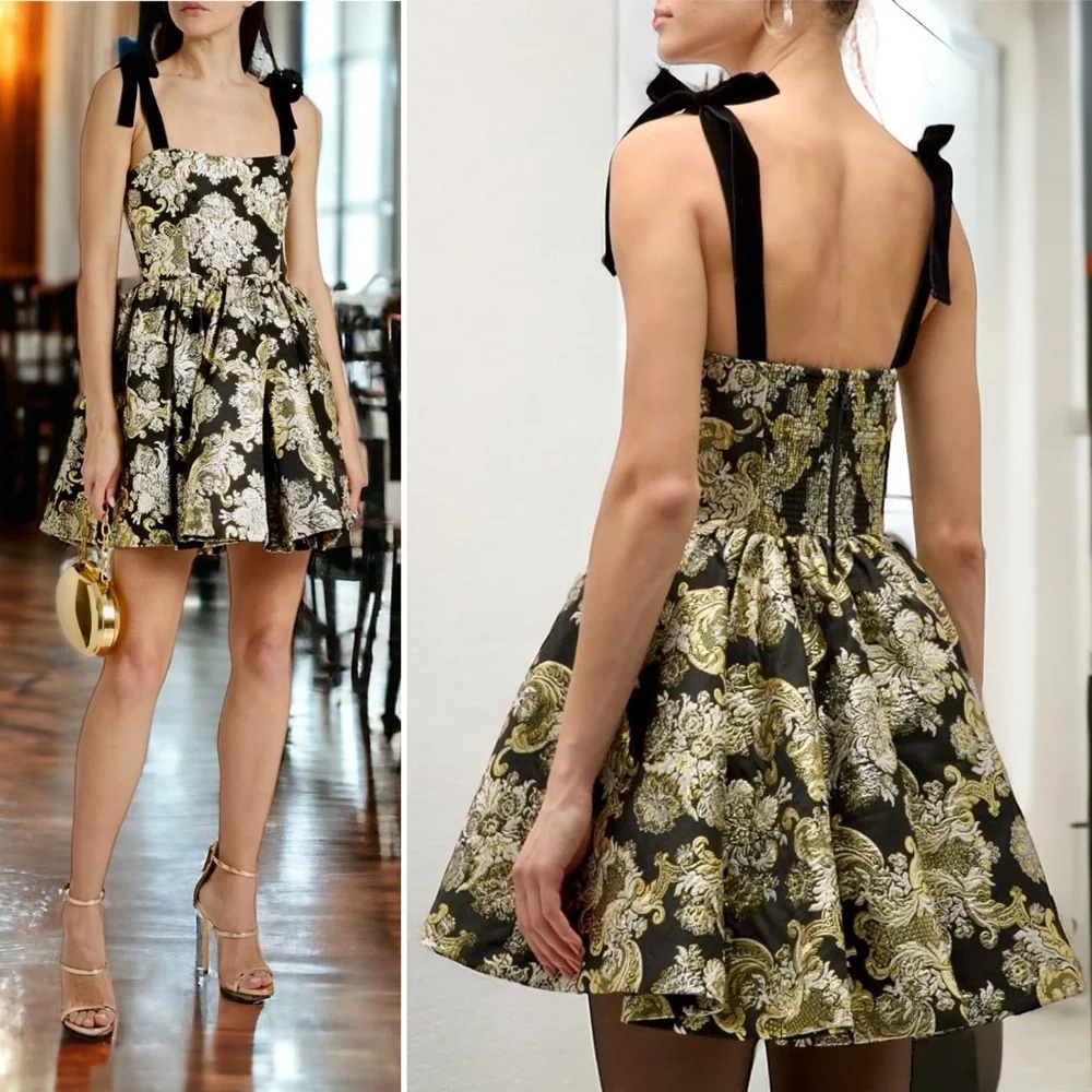 Alice + Olivia Fay Jacquard Corset Metallic Mini Dress Black Gold Silver 4 Small - Picture 1 of 14